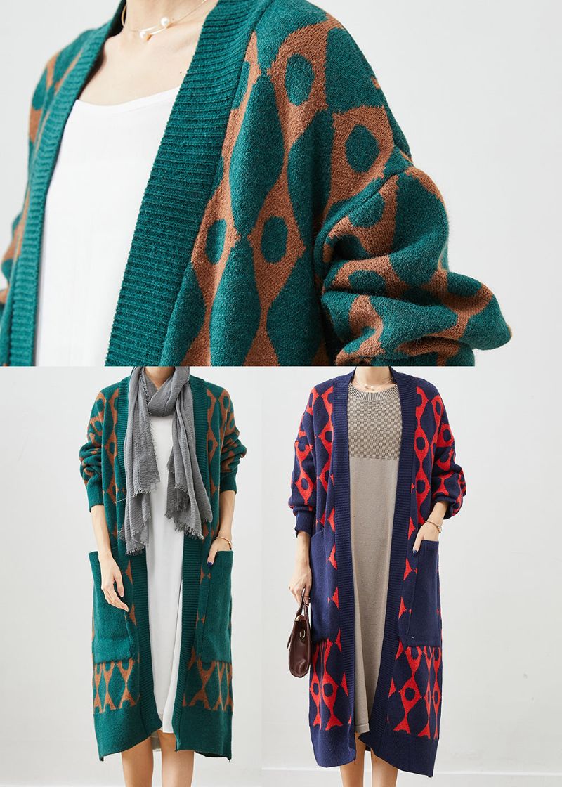 Boho Groen Oversized Gebreid Vest Met Patchworkzakken Herfst - Dames cardigans