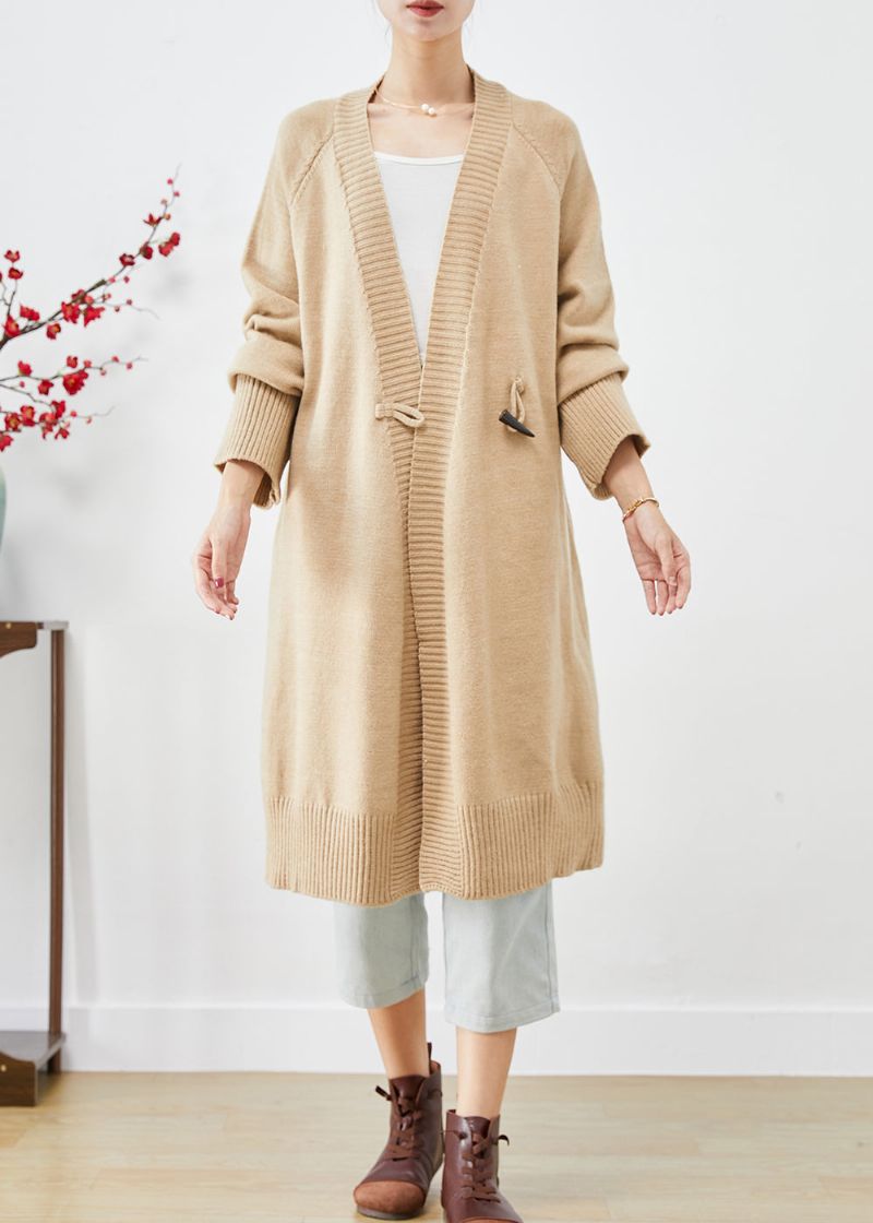 Boho Licht Camel Oversized Hoornen Knoop Gebreide Losse Jas Herfst