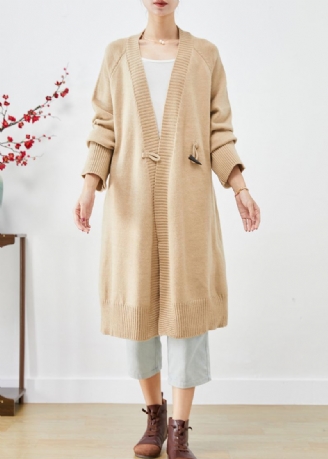 Boho Licht Camel Oversized Hoornen Knoop Gebreide Losse Jas Herfst