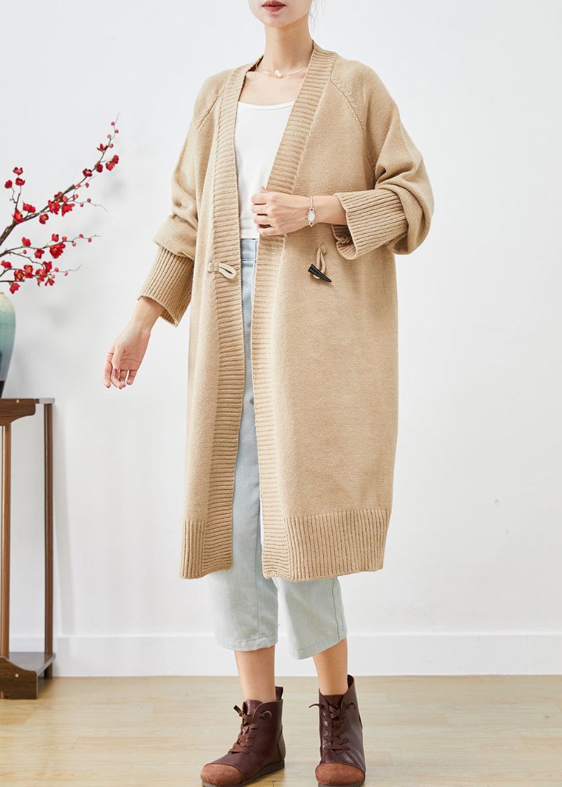 Boho Licht Camel Oversized Hoornen Knoop Gebreide Losse Jas Herfst - Dames cardigans