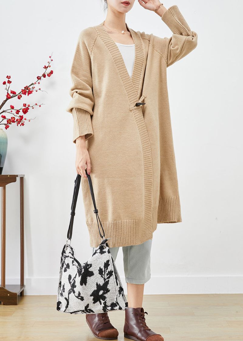 Boho Licht Camel Oversized Hoornen Knoop Gebreide Losse Jas Herfst - Dames cardigans