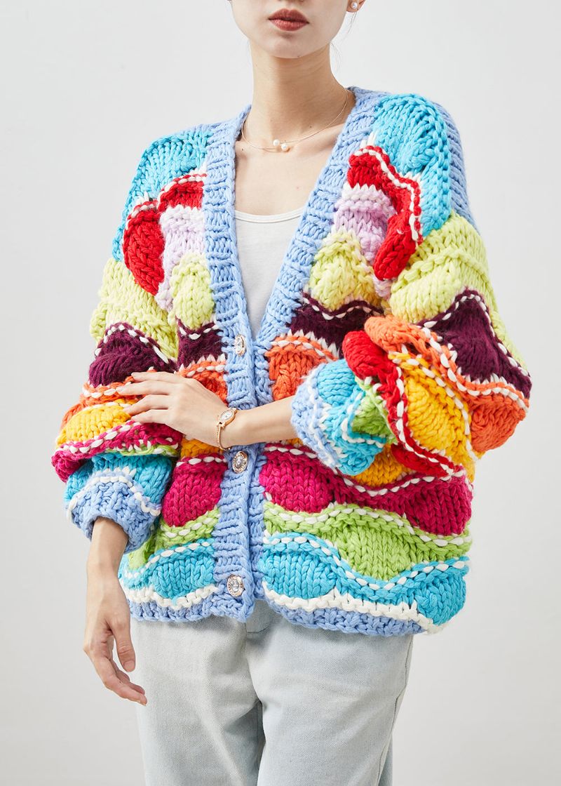 Boho Regenboog Oversized Patchwork Gebreid Vest Lente - Dames cardigans