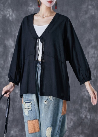 Boho Zwart Oversized Linnen Vest Met Veters Herfst