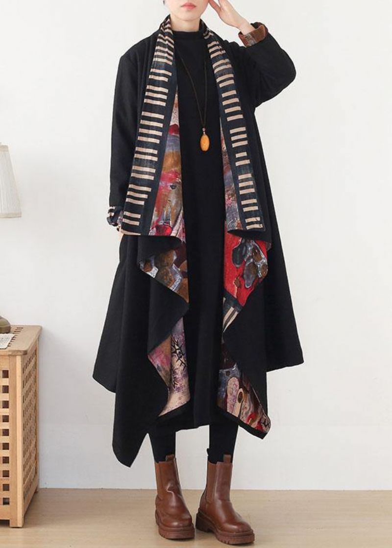 Boho Zwart Rood V-hals Asymmetrisch Ontwerp Herfst Lange Mouw Losse Jas