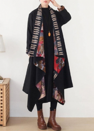 Boho Zwart Rood V-hals Asymmetrisch Ontwerp Herfst Lange Mouw Losse Jas