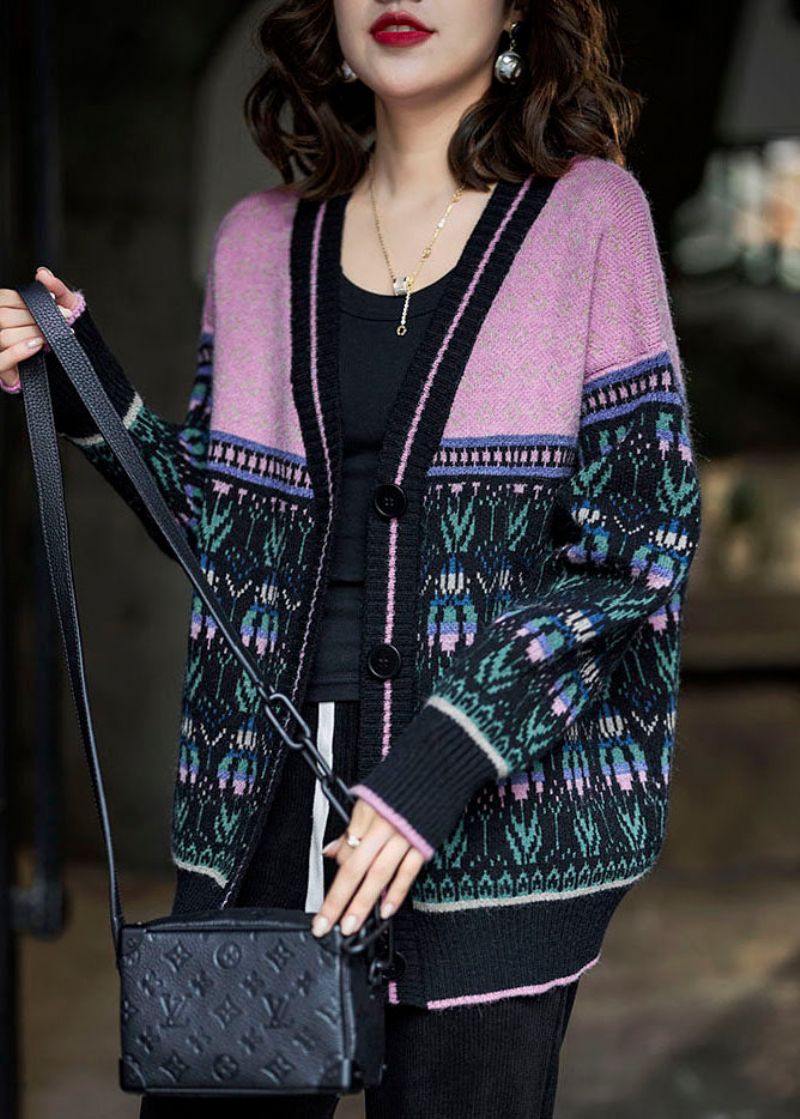 Boho Zwart Roze Oversized Patchwork Lui Gebreid Vest Winter