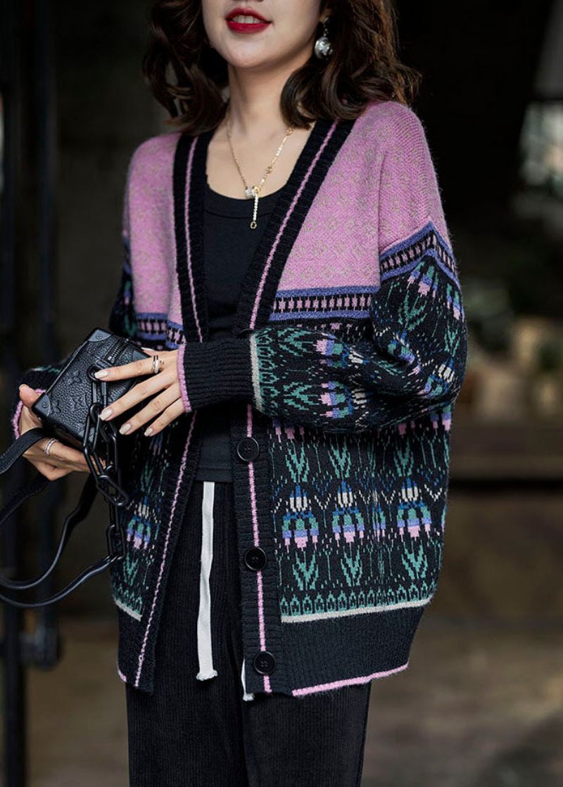 Boho Zwart Roze Oversized Patchwork Lui Gebreid Vest Winter - Dames cardigans