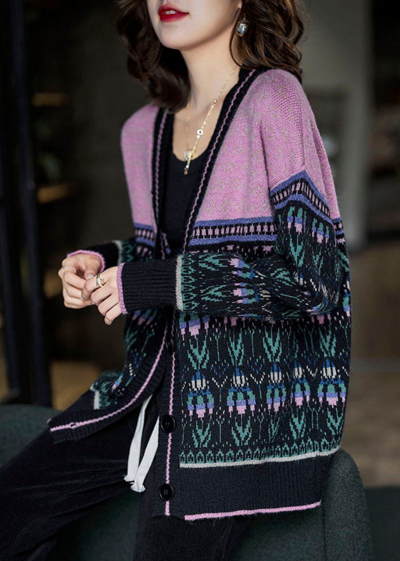 Boho Zwart Roze Oversized Patchwork Lui Gebreid Vest Winter - Dames cardigans