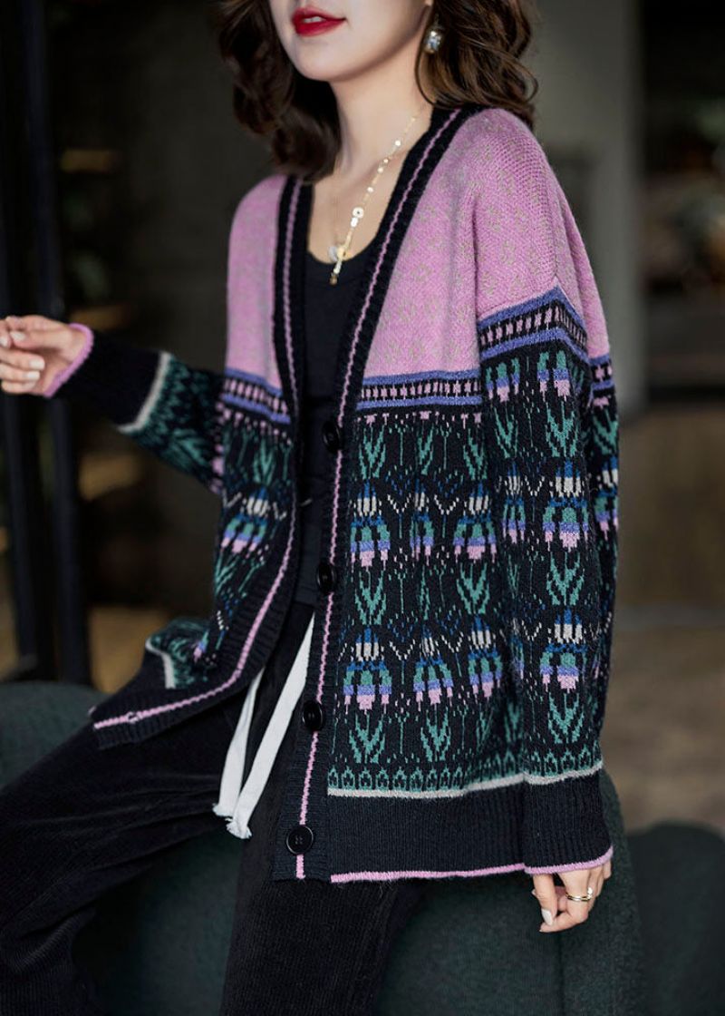 Boho Zwart Roze Oversized Patchwork Lui Gebreid Vest Winter - Dames cardigans