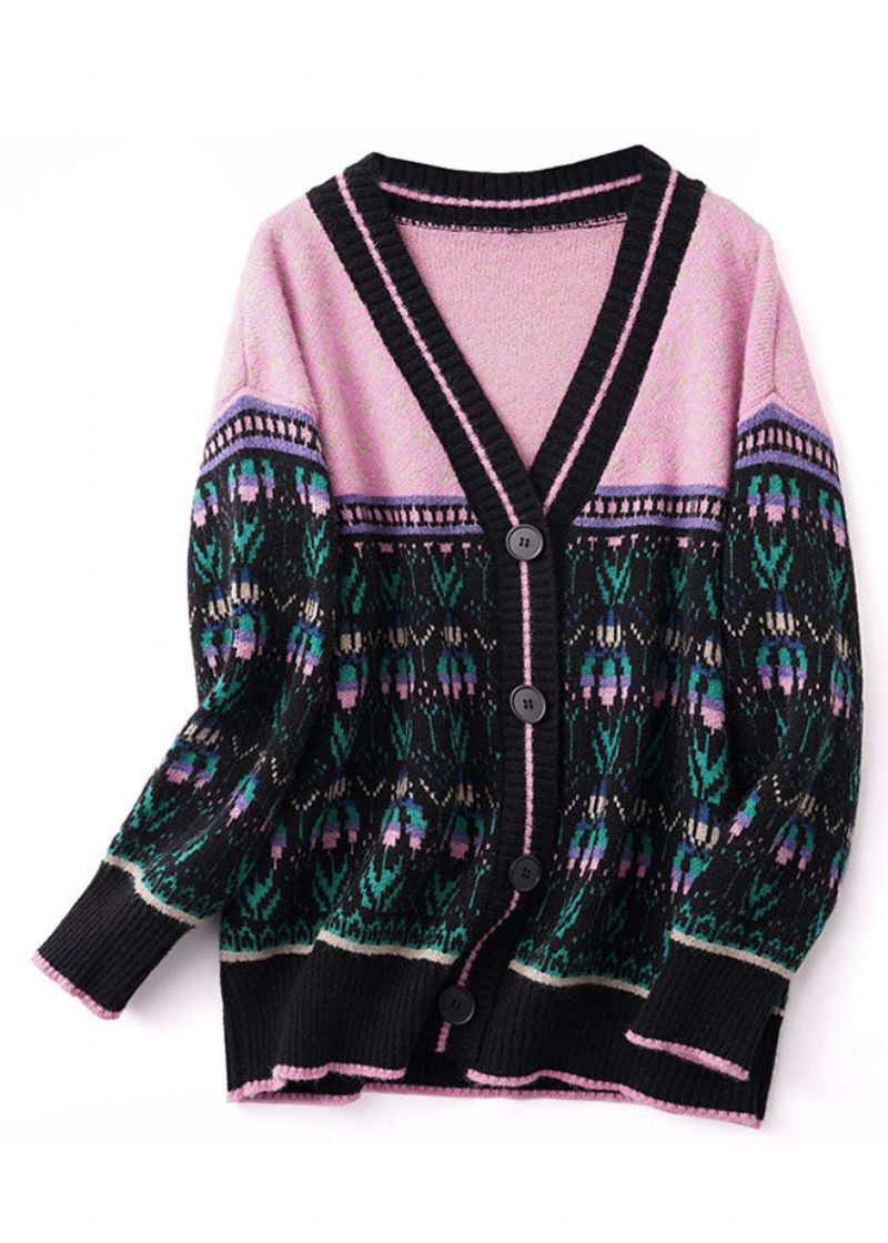 Boho Zwart Roze Oversized Patchwork Lui Gebreid Vest Winter - Dames cardigans