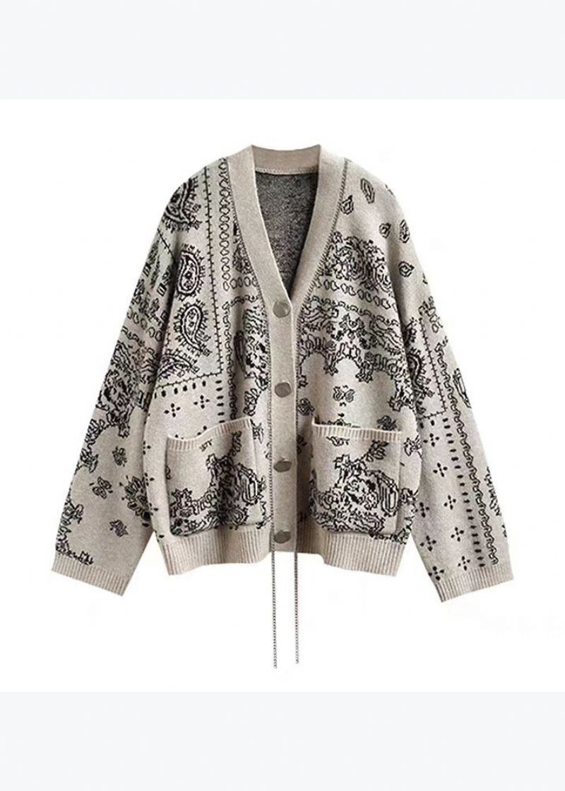 Boutique Abrikoos V-hals Zakken Print Gebreide Vesten Lente - Dames cardigans