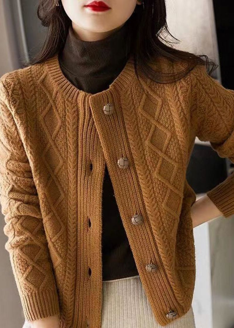 Boutique Chocolade O-hals Knoop Dikke Kabel Gebreide Vesten Winter - Dames cardigans