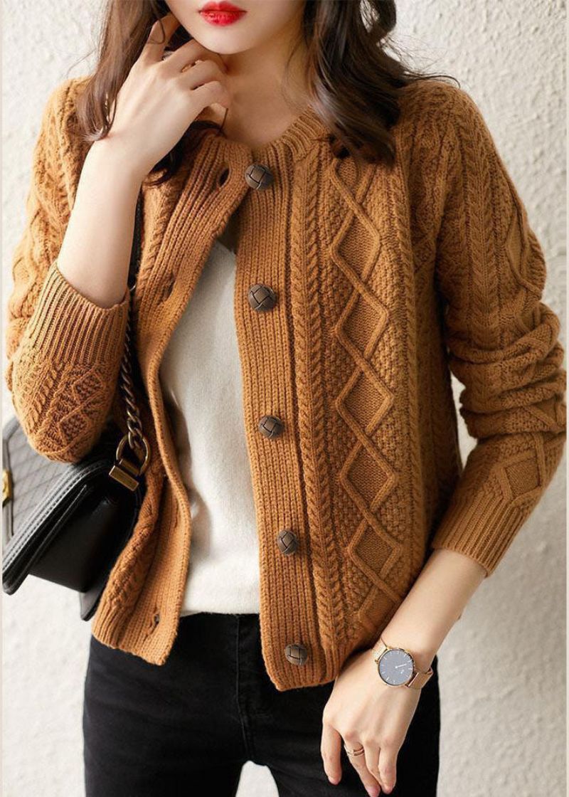 Boutique Chocolade O-hals Knoop Dikke Kabel Gebreide Vesten Winter - Dames cardigans