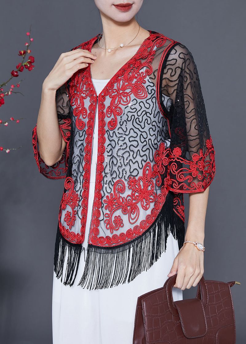 Boutique Rode Pailletten Kwastje Tule Vest Zomer - Dames cardigans