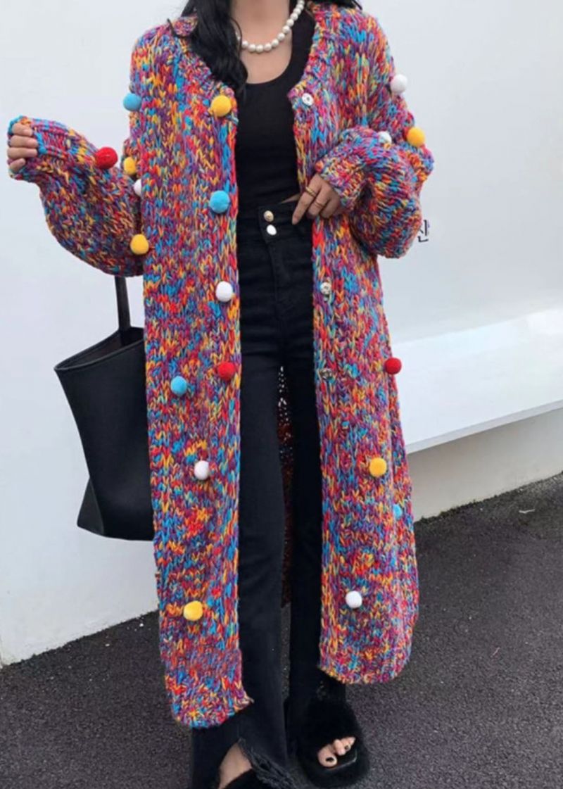 Breien Katoen Rood O-hals Gezellig Fuzzy Ball Versierd Lange Vesten Mouw - Dames cardigans