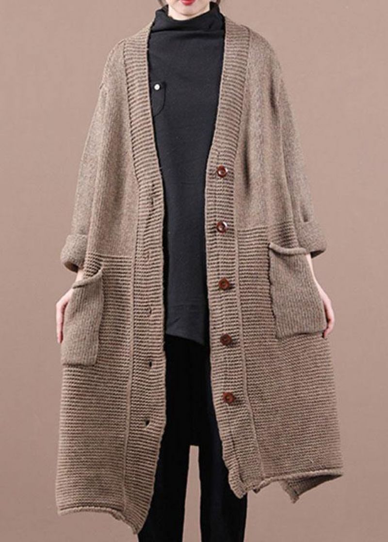 Casual Chocoladekleurige V-hals Zakken Herfst Lange Trui Jas - Dames cardigans