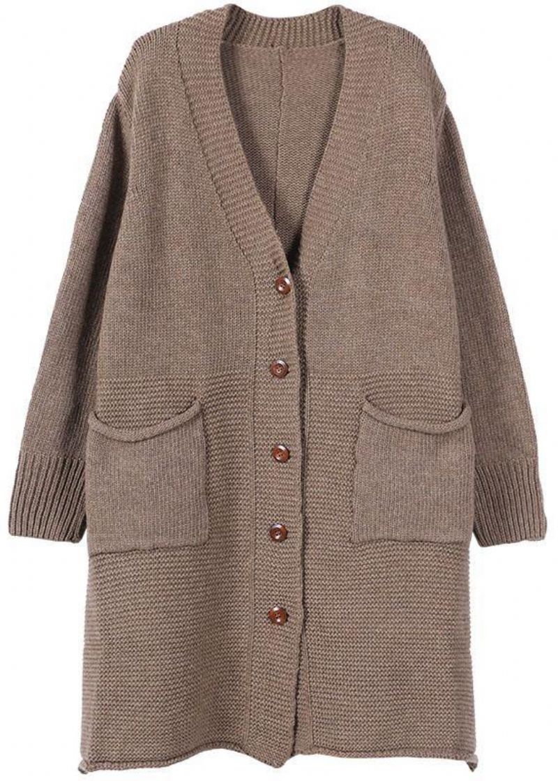 Casual Chocoladekleurige V-hals Zakken Herfst Lange Trui Jas - Dames cardigans