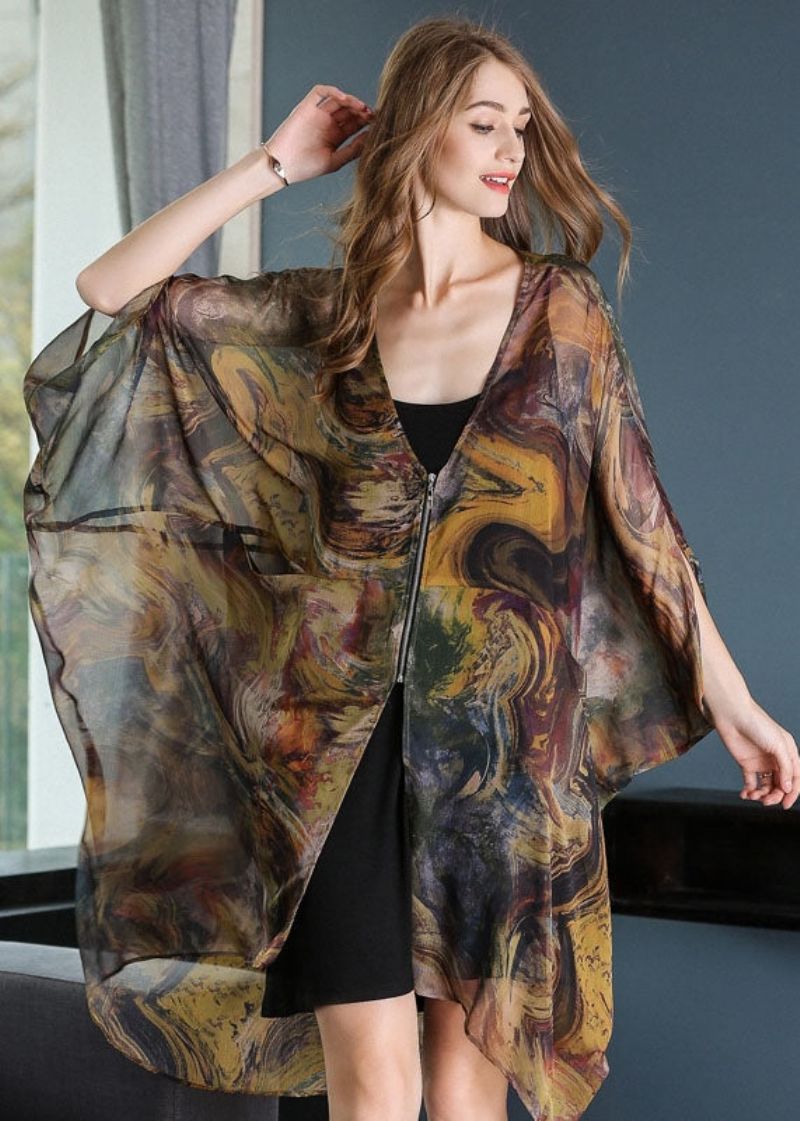 Casual Kaki Oversized Print Chiffon Upf 50+ Jas Met Vleermuismouw - Dames cardigans