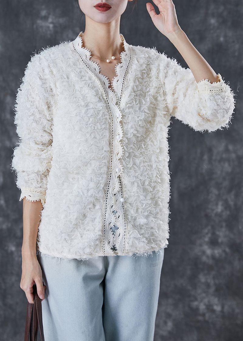 Casual Witte Kwastjes Patchwork Kant Gebreide Losse Jas Lente - Dames cardigans