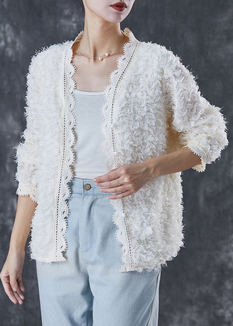 Casual Witte Kwastjes Patchwork Kant Gebreide Losse Jas Lente - Dames cardigans