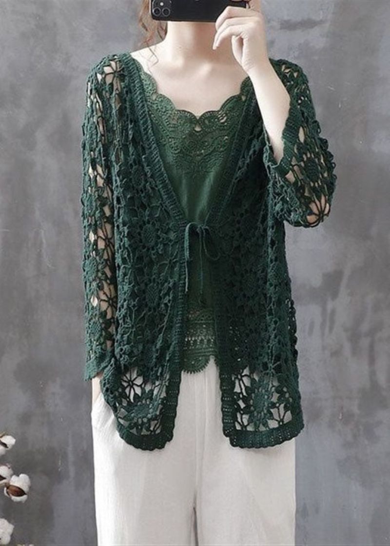 Casual Zwartachtig Groen Uitgehold Patchwork Gebreid Katoenen Vest Herfst - Dames cardigans