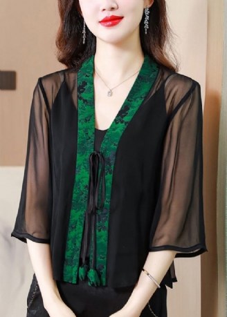 Chinese Stijl Groene V-hals Kanten Patchwork Zijden Vest Zomer