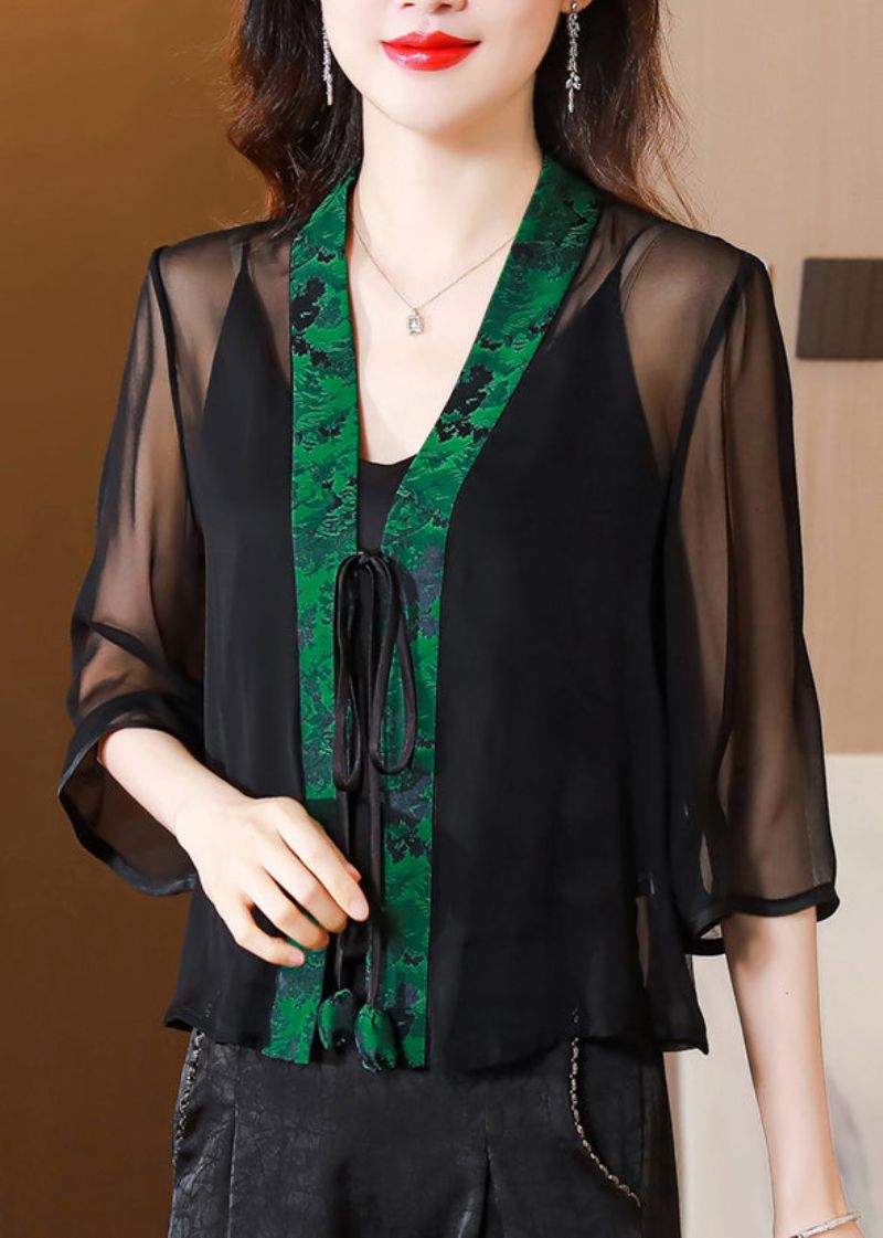 Chinese Stijl Groene V-hals Kanten Patchwork Zijden Vest Zomer - Dames cardigans