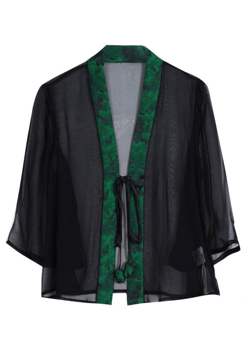 Chinese Stijl Groene V-hals Kanten Patchwork Zijden Vest Zomer - Dames cardigans