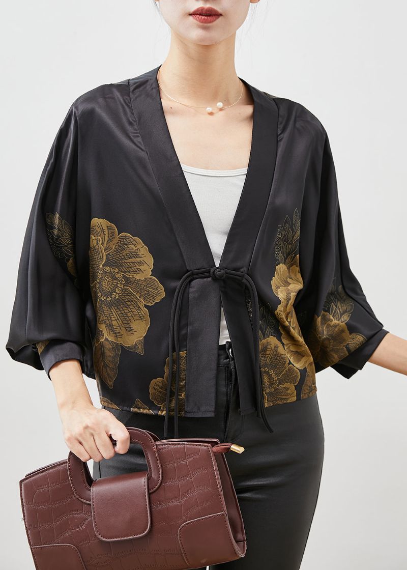 Chinese Stijl Zwart Zijden Vest Met Kwastjes En Print Lente - Dames cardigans