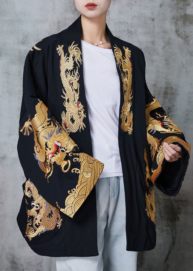 Chinese Stijl Zwarte Oversized Drakenkatoenen Vesten Lente