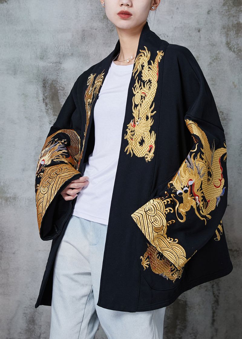 Chinese Stijl Zwarte Oversized Drakenkatoenen Vesten Lente - Dames cardigans