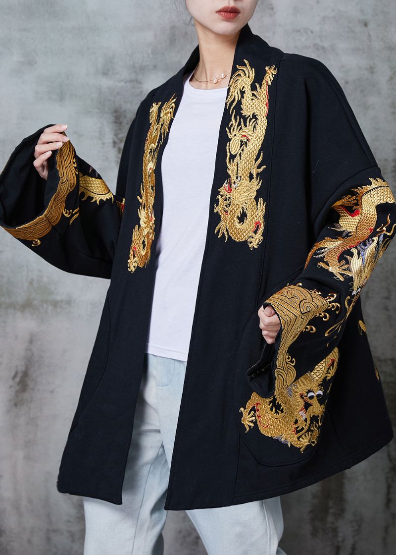 Chinese Stijl Zwarte Oversized Drakenkatoenen Vesten Lente - Dames cardigans