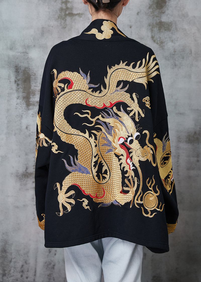 Chinese Stijl Zwarte Oversized Drakenkatoenen Vesten Lente - Dames cardigans