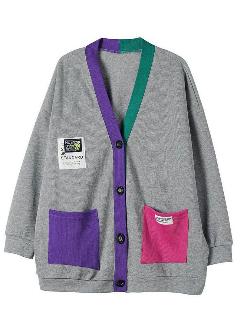 Chique Grijze V-hals Patchwork Katoenen Vesten Jassen Lente - Dames cardigans