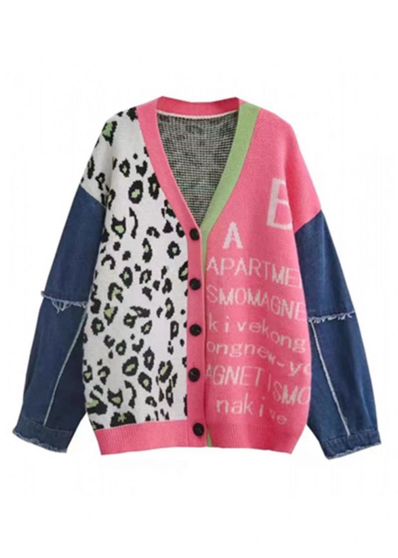 Chique Roze Denim Patchwork Gebreid Vest Met V-hals En Print Lente - Dames cardigans