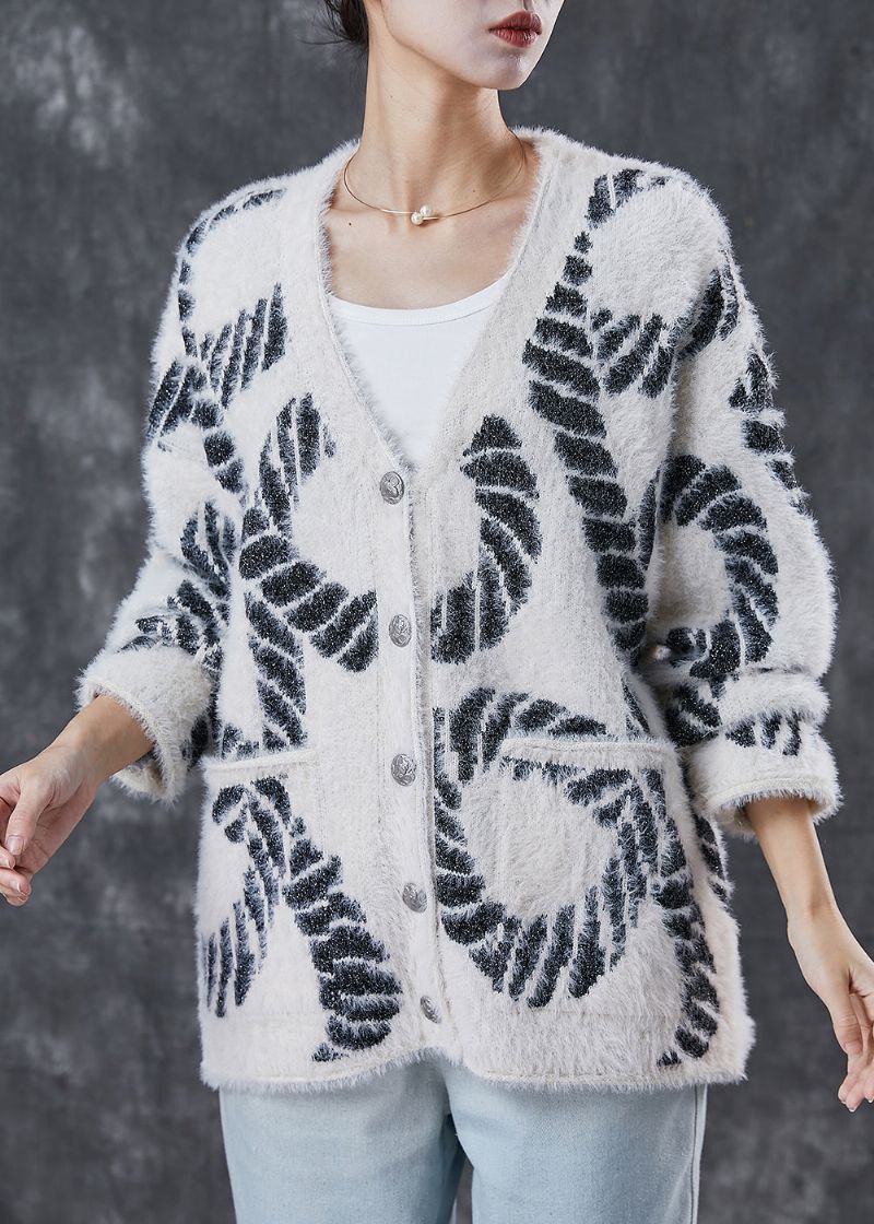 Chique Zwarte Gebreide Losse Jas Met V-hals En Print Lente - Dames cardigans