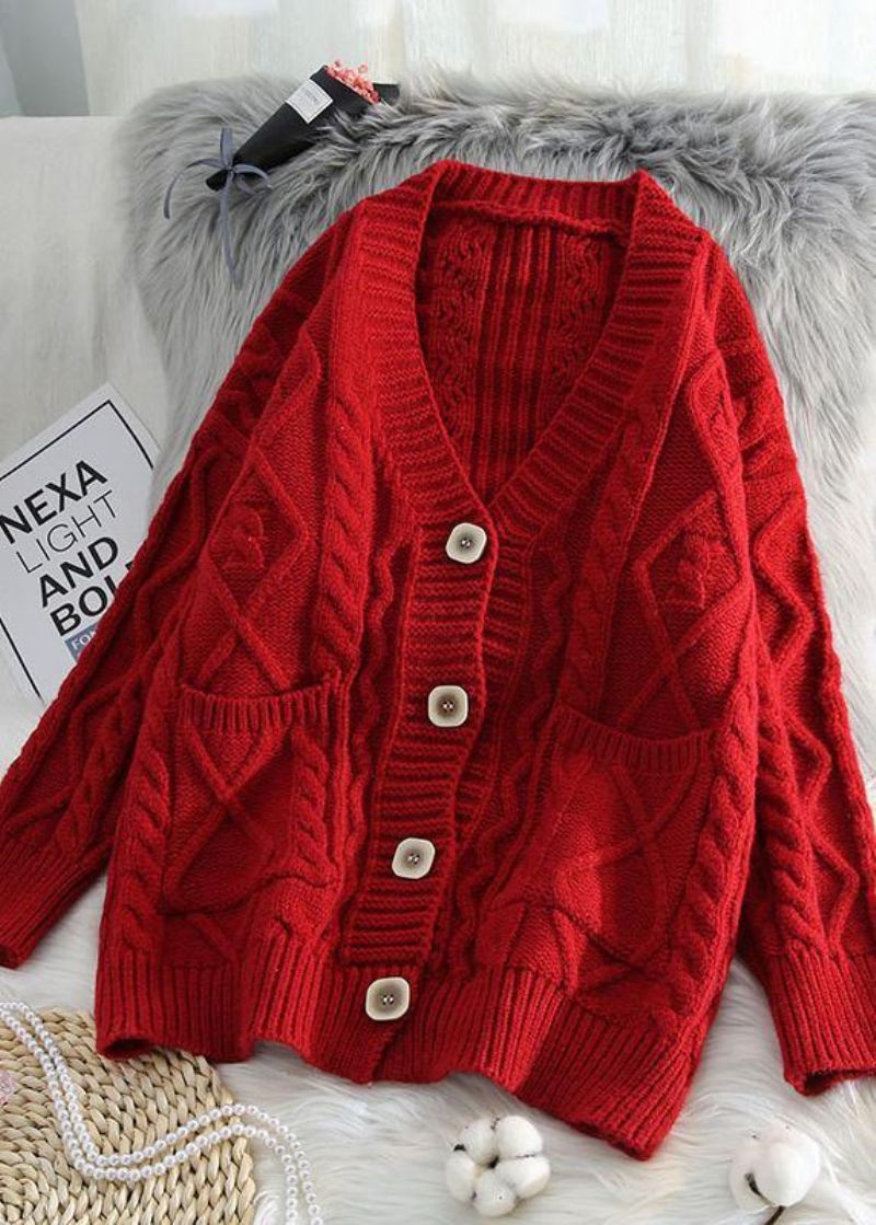 Comfortabel Rood Gebreid Vest Oversized Lente-breisel Met Twee Zakken