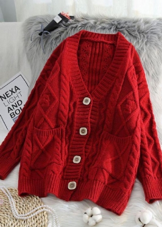 Comfortabel Rood Gebreid Vest Oversized Lente-breisel Met Twee Zakken