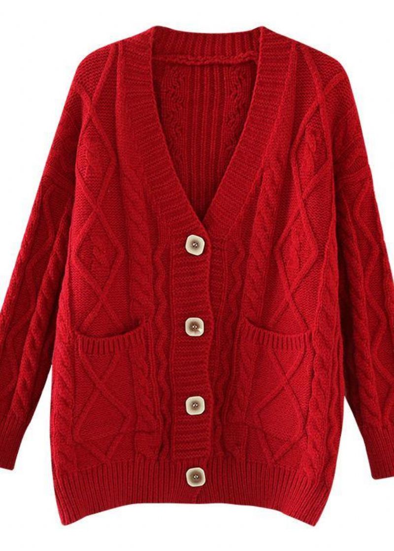 Comfortabel Rood Gebreid Vest Oversized Lente-breisel Met Twee Zakken - Roze