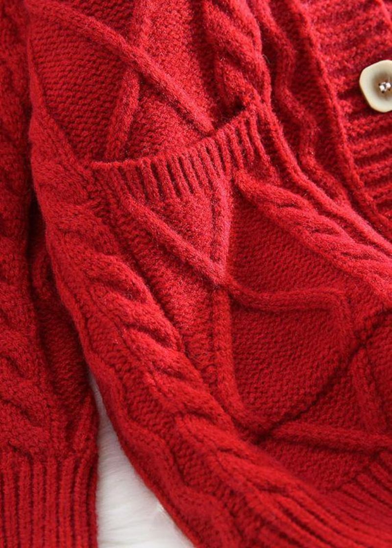 Comfortabel Rood Gebreid Vest Oversized Lente-breisel Met Twee Zakken - Roze