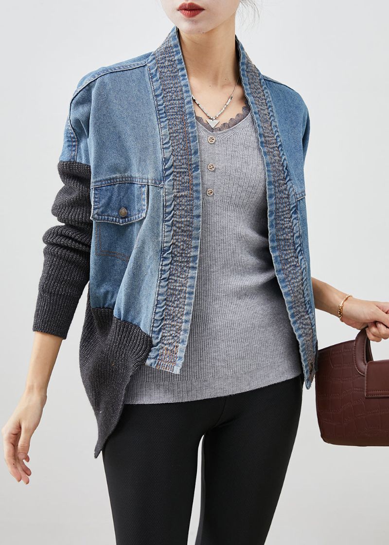 Dames Blauwe Oversized Patchwork Gebreide Denim Losse Jas Herfst