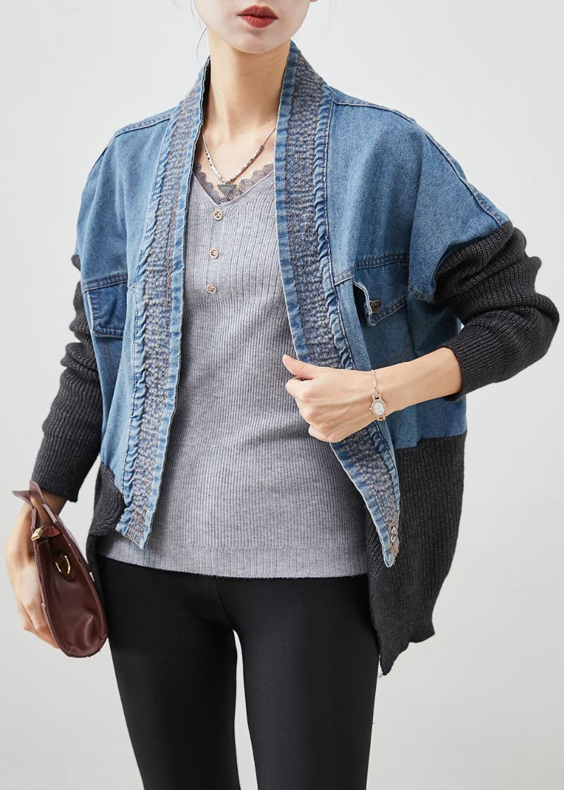 Dames Blauwe Oversized Patchwork Gebreide Denim Losse Jas Herfst - Dames cardigans