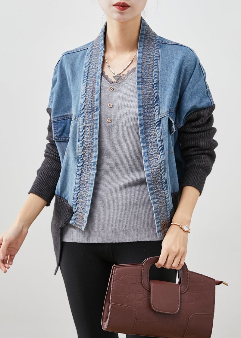 Dames Blauwe Oversized Patchwork Gebreide Denim Losse Jas Herfst - Dames cardigans