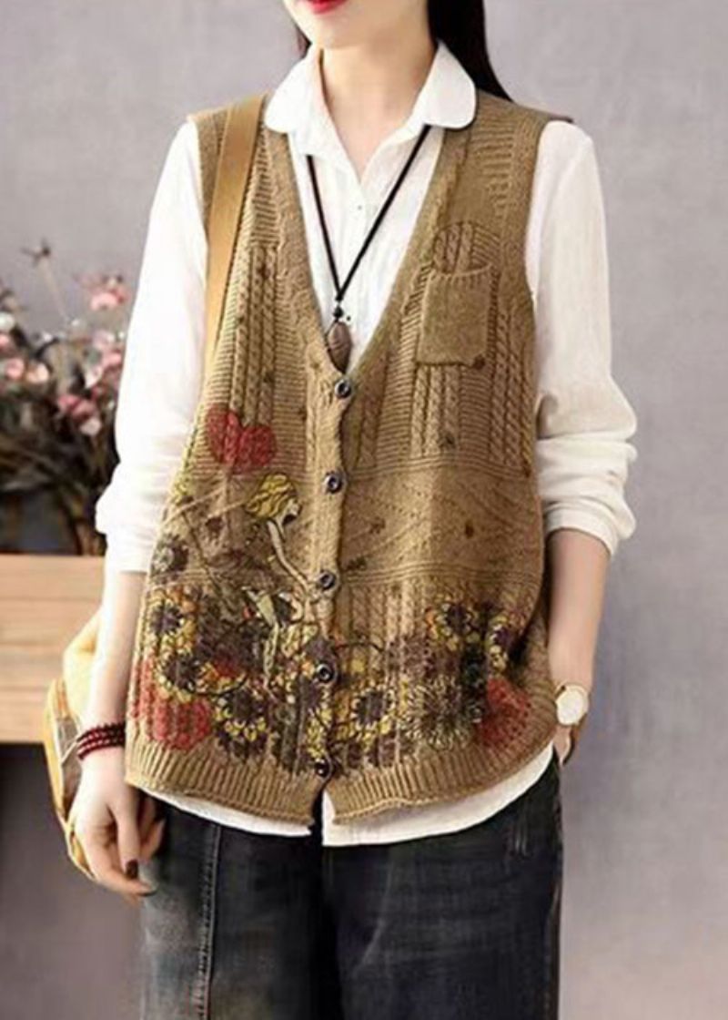 Dames Bruin Mouwloos Gebreid Vest Met V-hals En Knopenprint - Dames cardigans