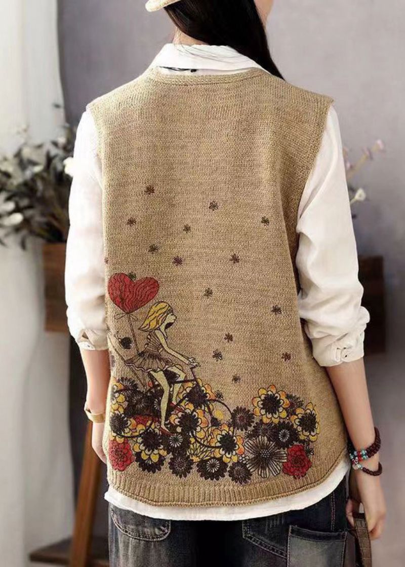 Dames Bruin Mouwloos Gebreid Vest Met V-hals En Knopenprint - Dames cardigans