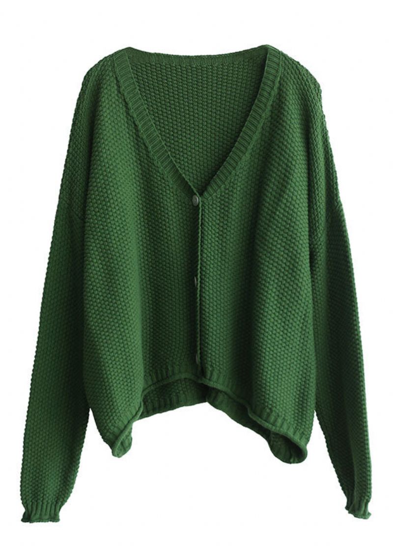 Dames Groene V-hals Knoop Gebreide Losse Vesten Herfst - Dames cardigans