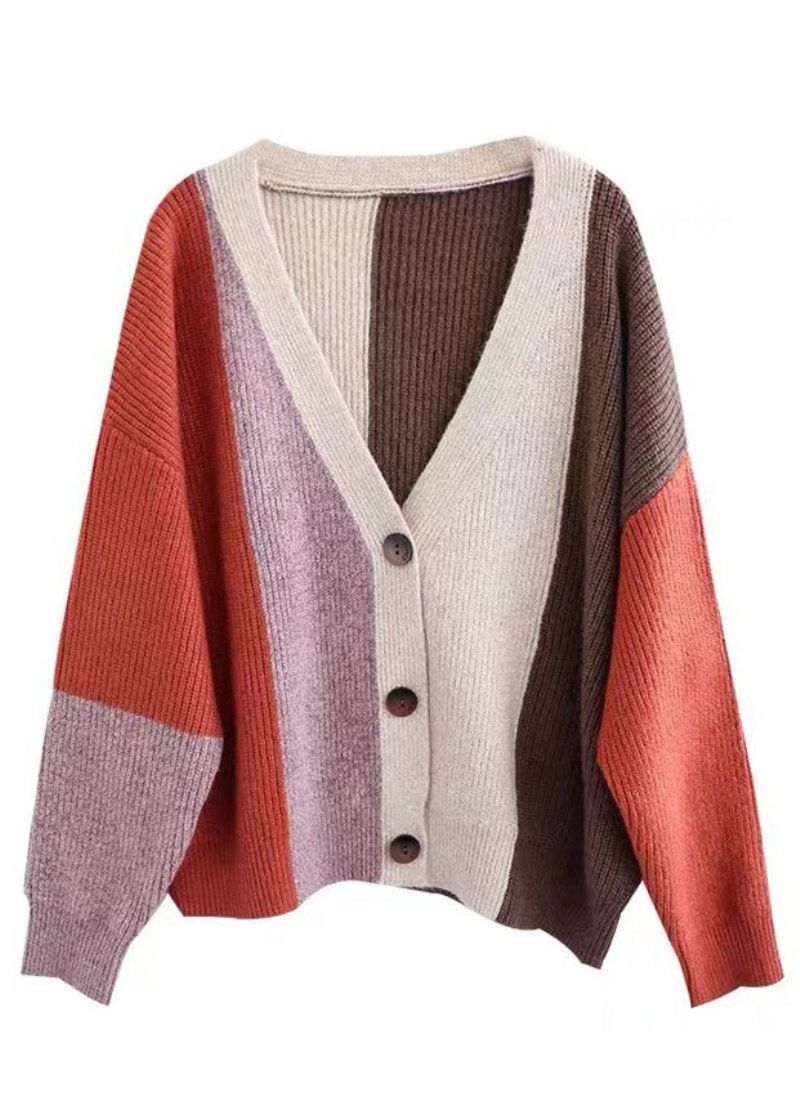 Dames Oranje Colorblock Knoop Patchwork Breivest Herfst - Dames cardigans