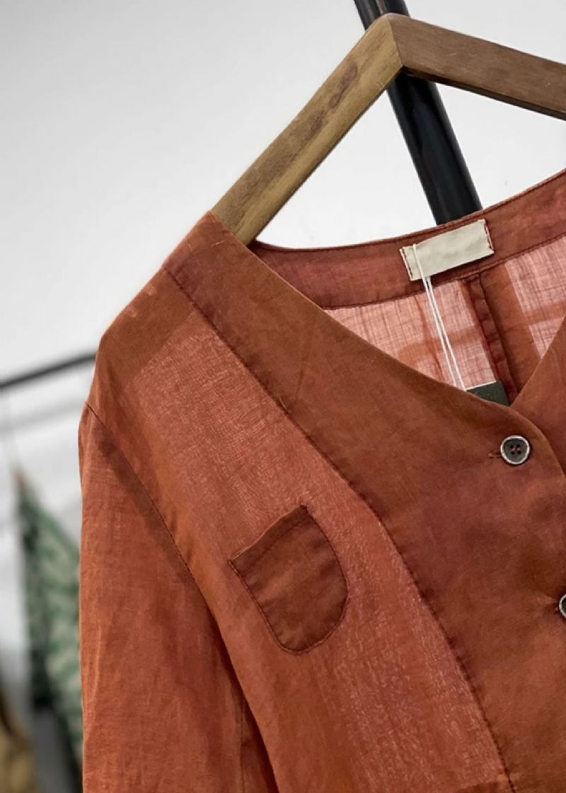 Dames Oranje Knoopzakken Linnen Vest Lente - Dames cardigans