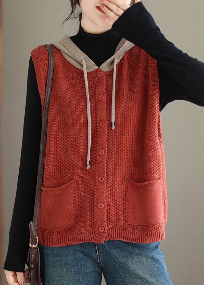 Dames Oranje Rood Katoenen Gebreid Vest Met Capuchon Mouwloos - Dames cardigans