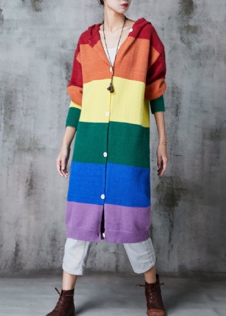 Dames Regenboog Capuchon Patchwork Gebreide Lange Vesten Lente